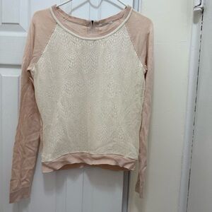 Crewneck long sleeves lace details back zip tan color sweater Cotton silk sz S